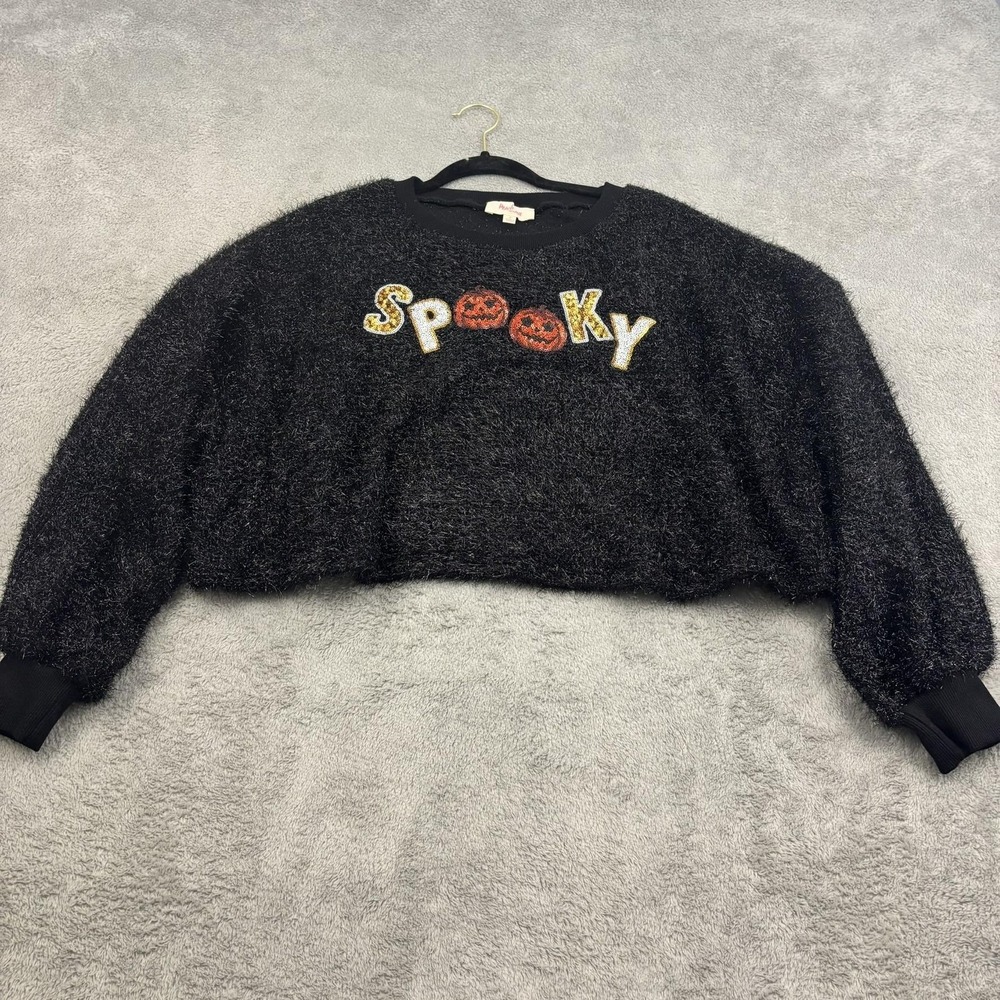 Peach Love California Fuzzy Spooky Halloween Cropped Sweater Womens‎ S Black